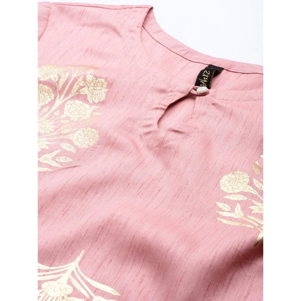 Amfyn Women's Casual 3-4Th Sleeve Floral Printed Poly Silk Kurti Pant And Dupatta Set (Light Pink)