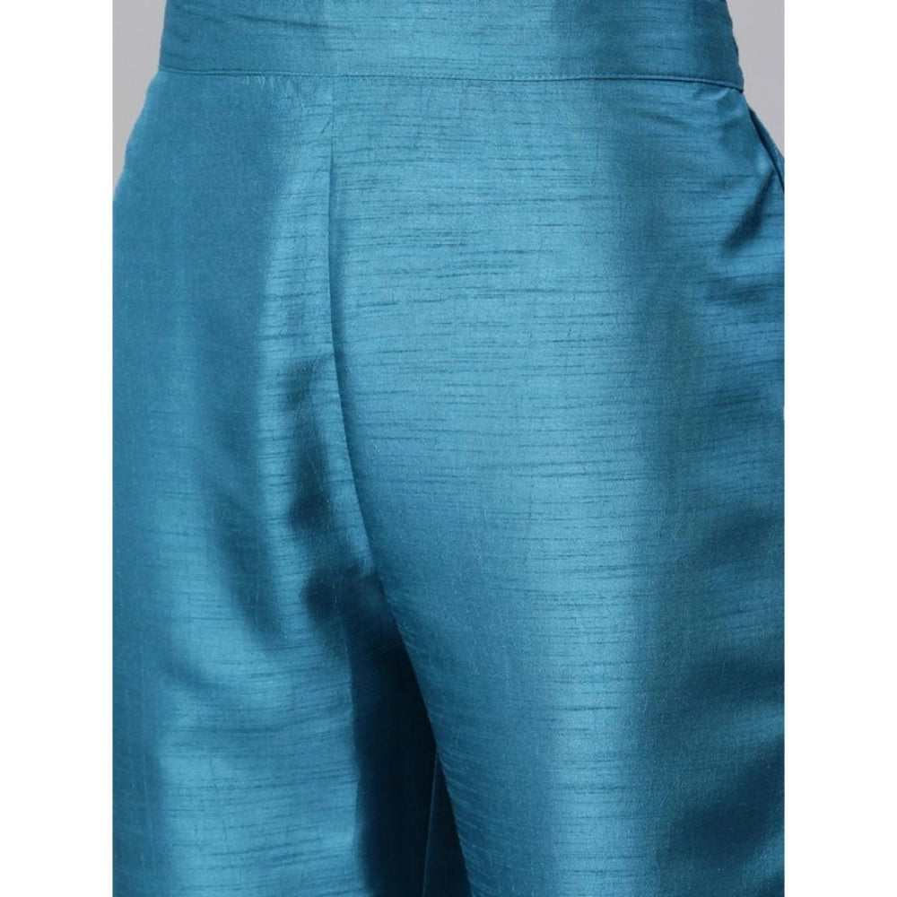 Amfyn Women's Casual 3-4Th Sleeve Ethnic Motifs Poly Silk Kurti Pant And Dupatta Set (Blue)