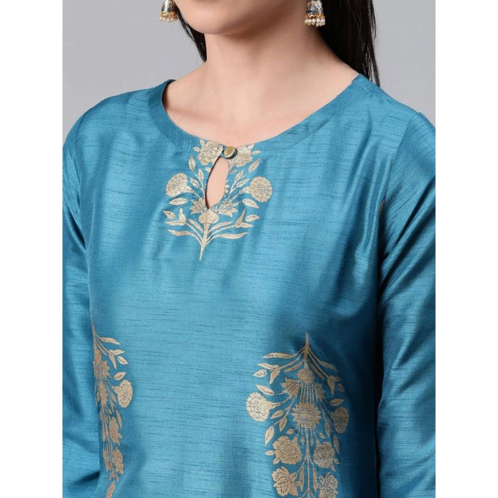 Amfyn Women's Casual 3-4Th Sleeve Ethnic Motifs Poly Silk Kurti Pant And Dupatta Set (Blue)