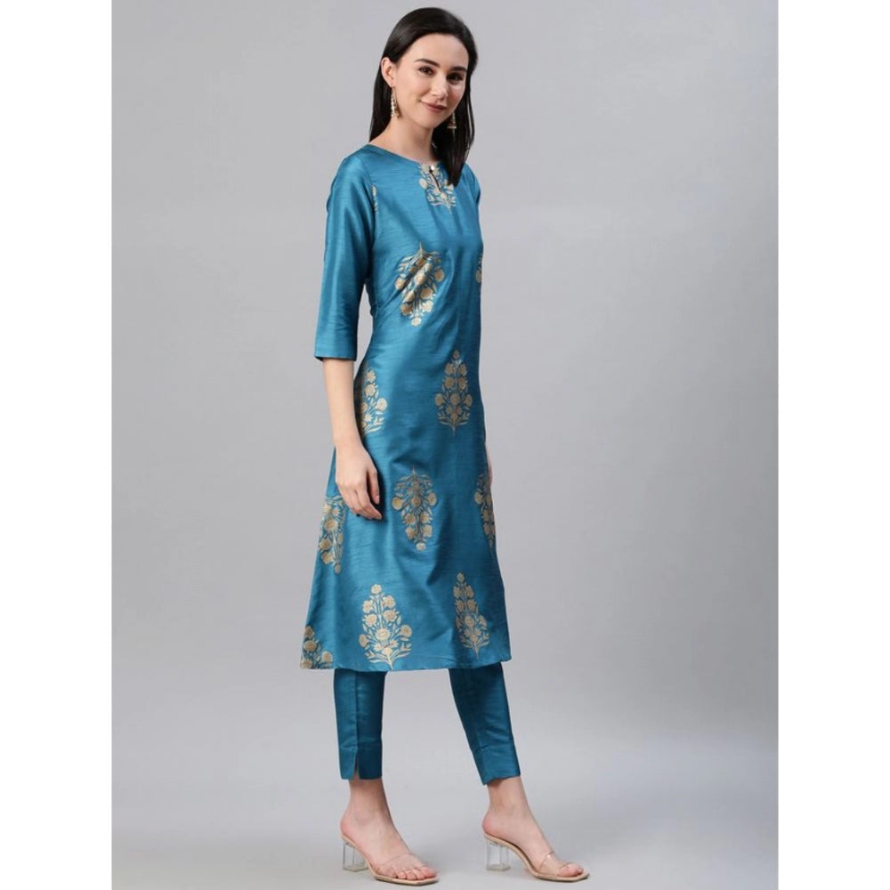 Amfyn Women's Casual 3-4Th Sleeve Ethnic Motifs Poly Silk Kurti Pant And Dupatta Set (Blue)
