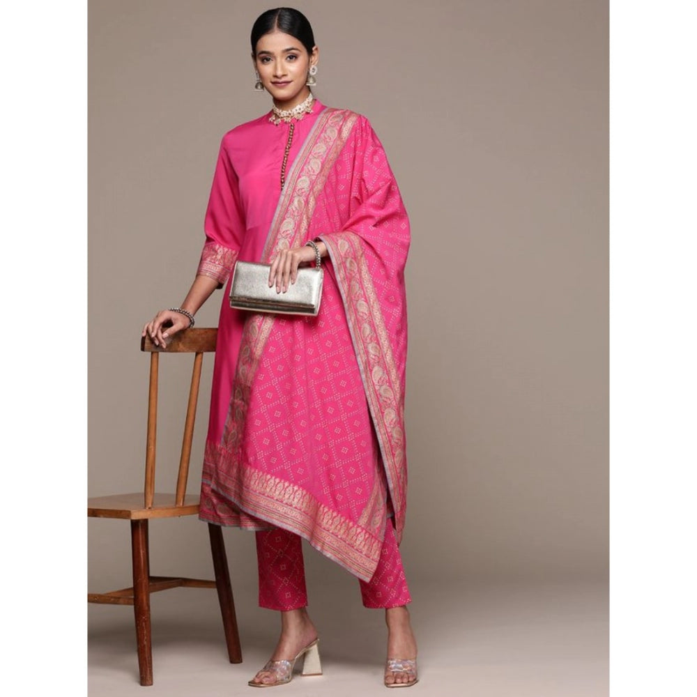 Amfyn Women's Casual 3-4Th Sleeve Ethnic Motifs Crepe Kurti Pant And Dupatta Set (Pink)