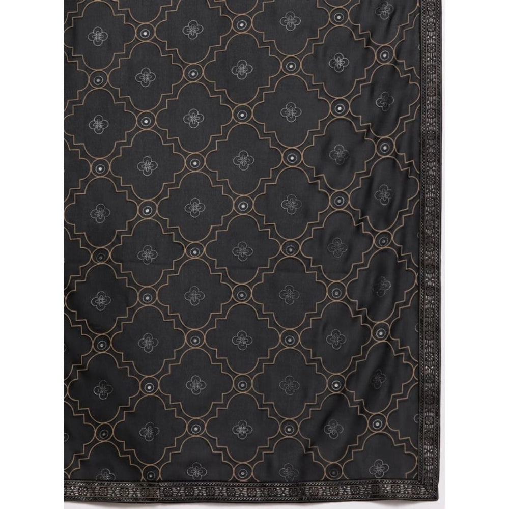 Amfyn Women's Casual 3-4Th Sleeve Border Crepe Kurti Pant And Dupatta Set (Black)