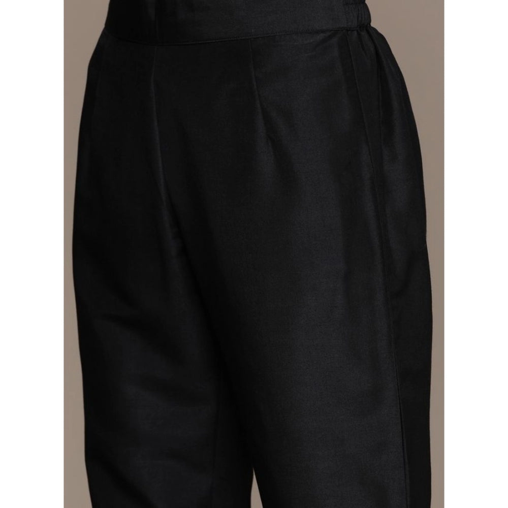 Amfyn Women's Casual 3-4Th Sleeve Border Crepe Kurti Pant And Dupatta Set (Black)