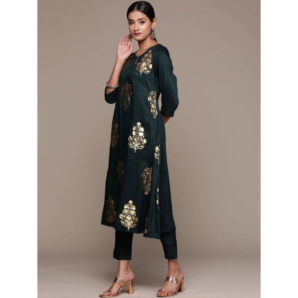 Amfyn Women's Casual 3-4Th Sleeve Ethnic Motifs Chinon Kurti Pant And Dupatta Set (Bottle Green)
