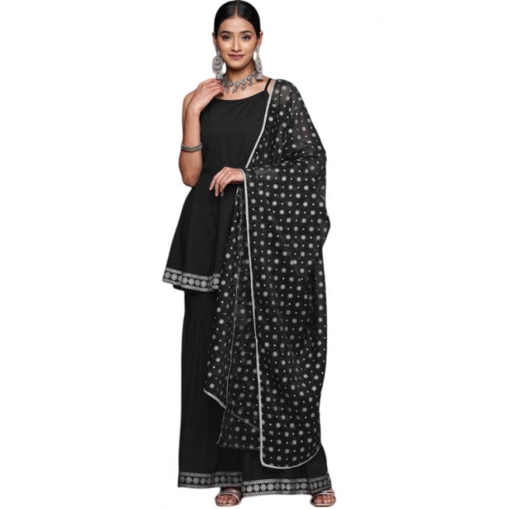 Amfyn Women's Casual Sleeveless Ethnic Motifs Crepe Kurti Sharara And Dupatta Set (Black)