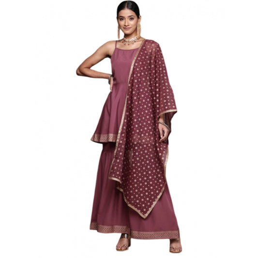 Amfyn Women's Casual Sleeveless Ethnic Motifs Crepe Kurti Sharara And Dupatta Set (Brown)