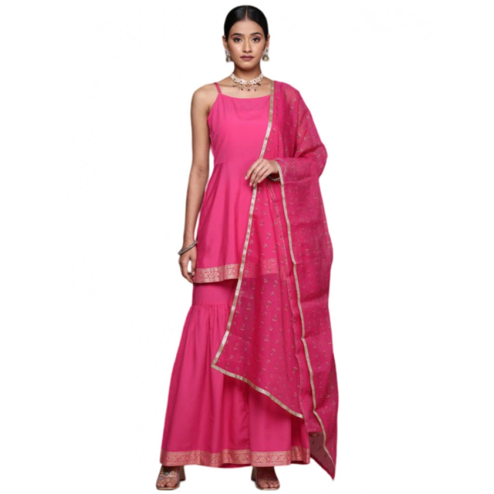 Amfyn Women's Casual Sleeveless Ethnic Motifs Crepe Kurti Sharara And Dupatta Set (Pink)