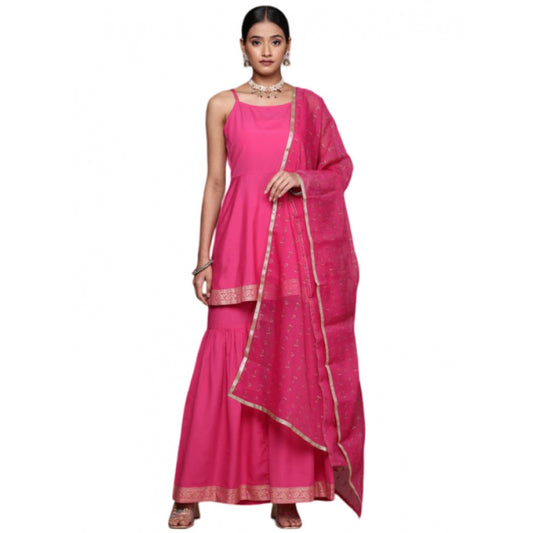 Amfyn Women's Casual Sleeveless Ethnic Motifs Crepe Kurti Sharara And Dupatta Set (Pink)
