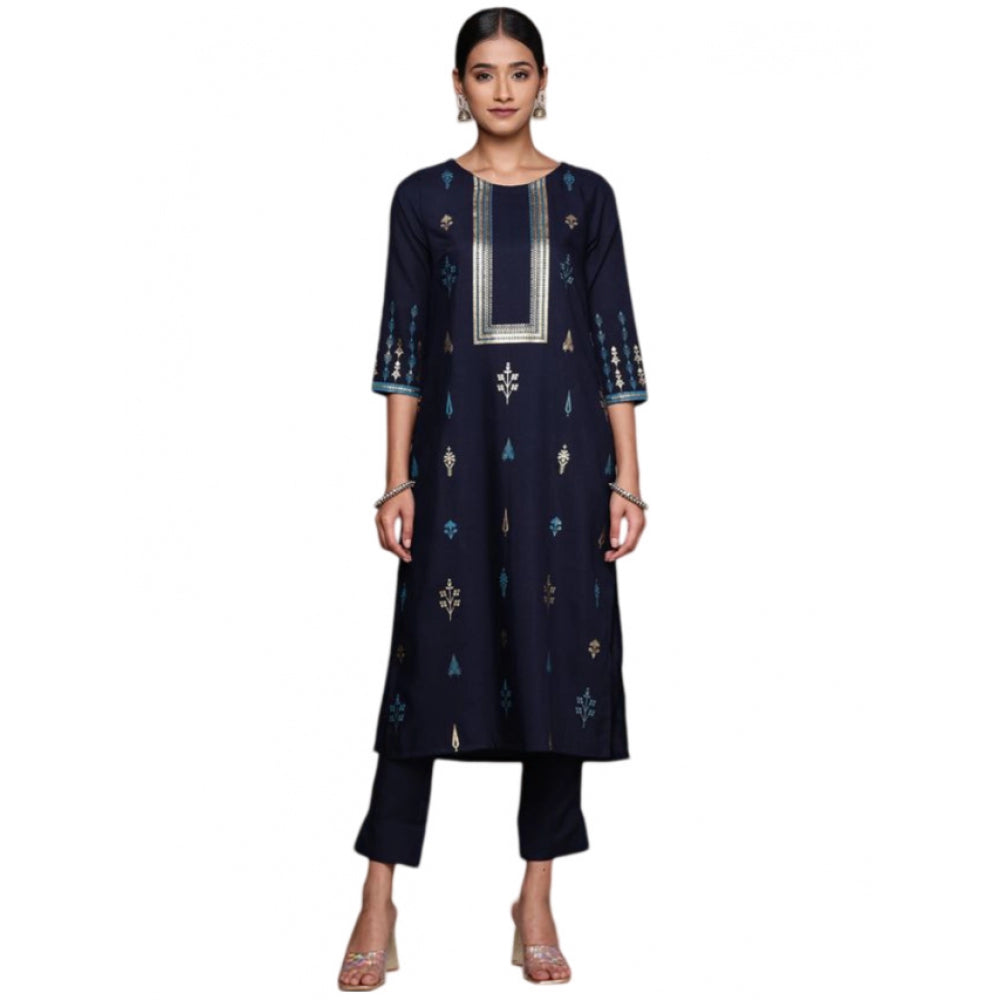 Amfyn Women's Casual 3-4Th Sleeve Floral Printed Rayon Kurti And Pant Set (Navy Blue)