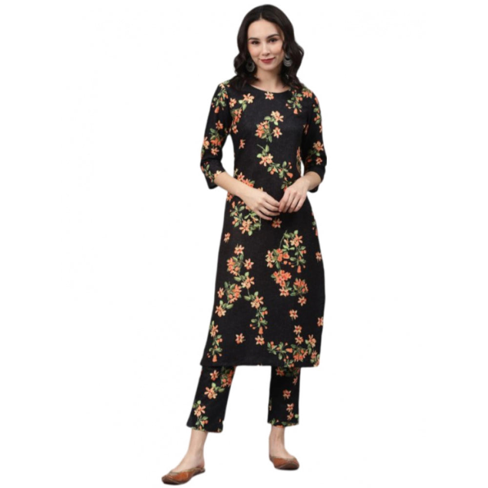 Amfyn Women's Casual 3-4Th Sleeve Floral Printed Rayon Kurti And Pant Set (Black)
