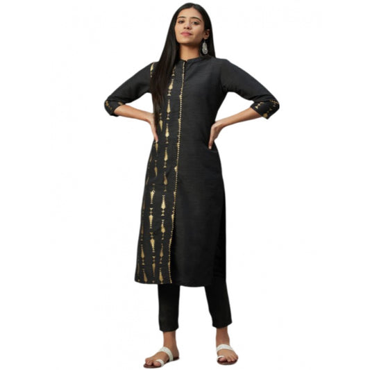 Amfyn Women's Casual 3-4Th Sleeve Ethnic Motifs Poly Silk Kurti and Pant Set (Black)