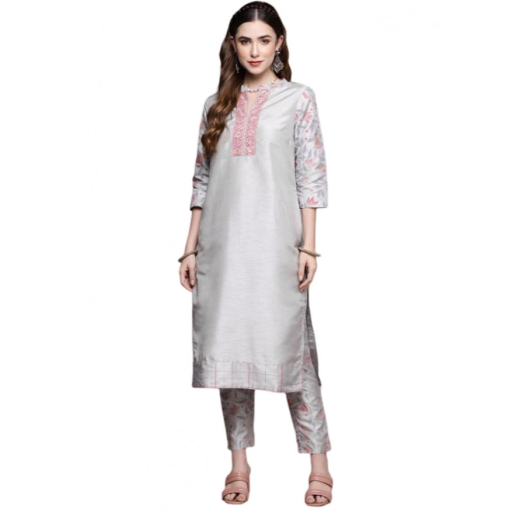 Amfyn Women's Casual 3-4Th Sleeve Solid Poly Silk Kurti and Pant Set (Light Grey)