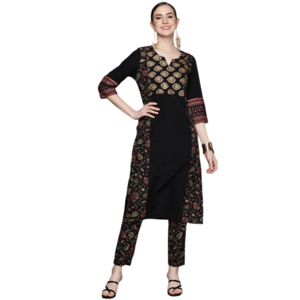 Amfyn Women's Casual 3-4Th Sleeve Ethnic Motifs Crepe Kurti And Pant Set (Black)