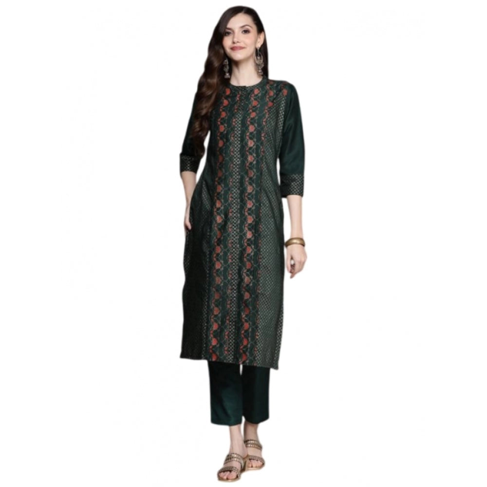 Amfyn Women's Casual 3-4Th Sleeve Traditional Crepe Kurti And Pant Set (Green)