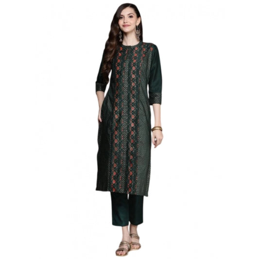 Amfyn Women's Casual 3-4Th Sleeve Traditional Crepe Kurti And Pant Set (Green)