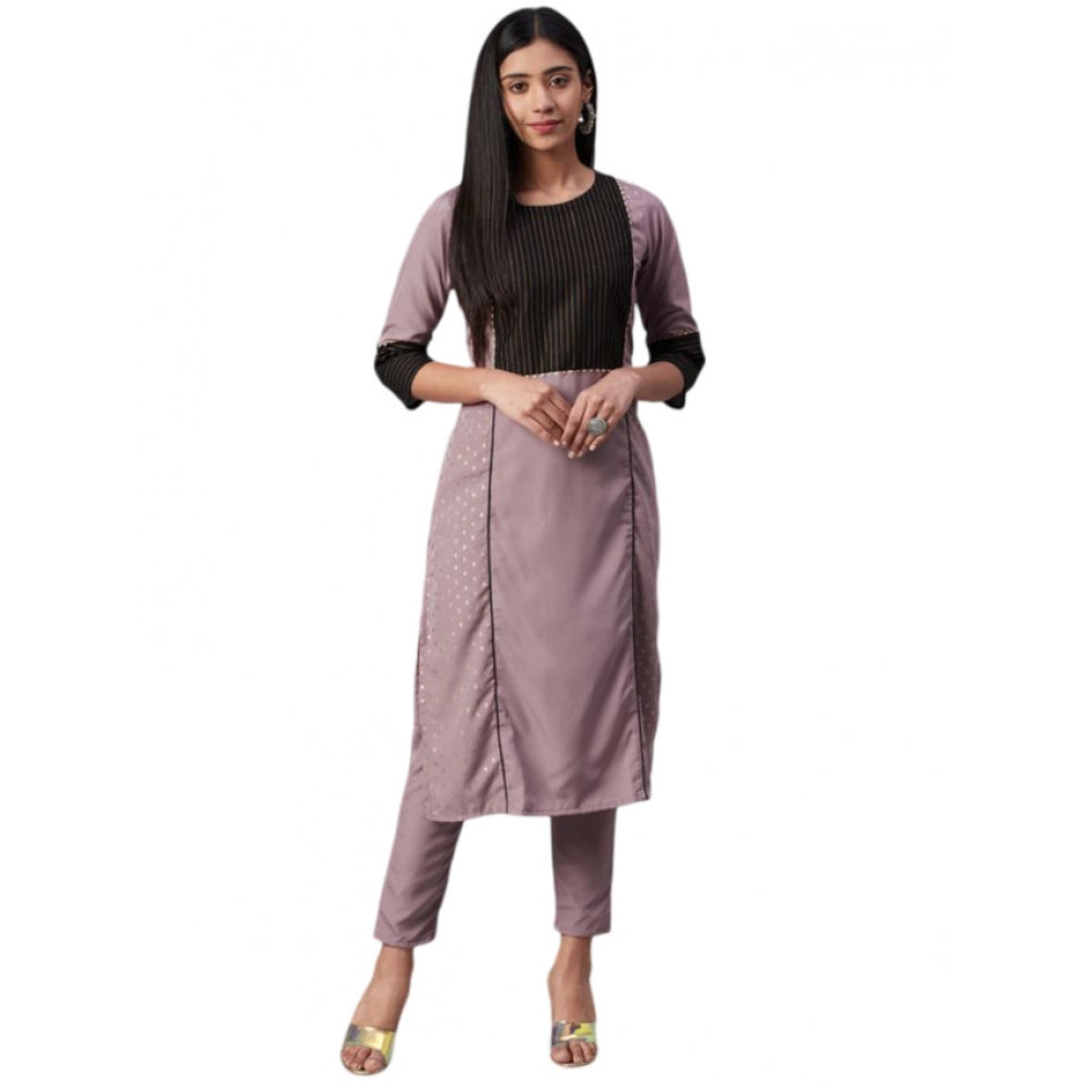 Amfyn Women's Casual 3-4Th Sleeve Ethnic Motifs Crepe Kurti and Pant Set (Light Purple)