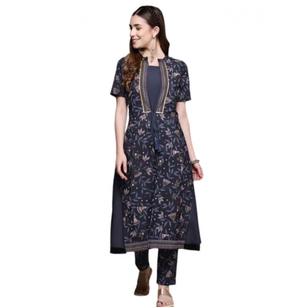 Amfyn Women's Casual Half Sleeve Ethnic Motifs Crepe Kurti and Pant Set (Navy Blue)