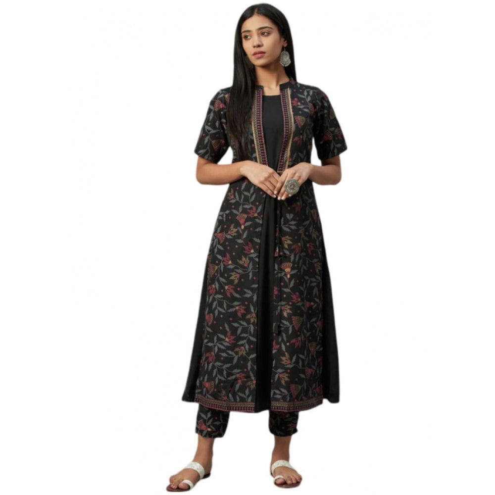 Amfyn Women's Casual 3-4Th Sleeve Floral Printed Crepe Kurti and Pant Set (Black)