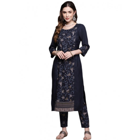 Amfyn Women's Casual 3-4Th Sleeve Floral Printed Crepe Kurti and Pant Set (Navy Blue)