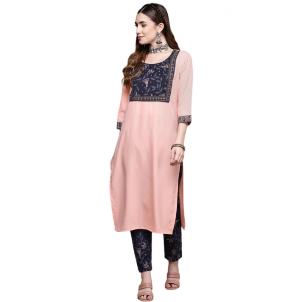 Amfyn Women's Casual 3-4Th Sleeve Floral Printed Crepe Kurti and Pant Set (Light Pink)