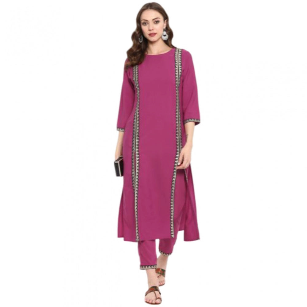 Amfyn Women's Casual 3-4Th Sleeve Solid Crepe Kurti And Pant Set (Pink)