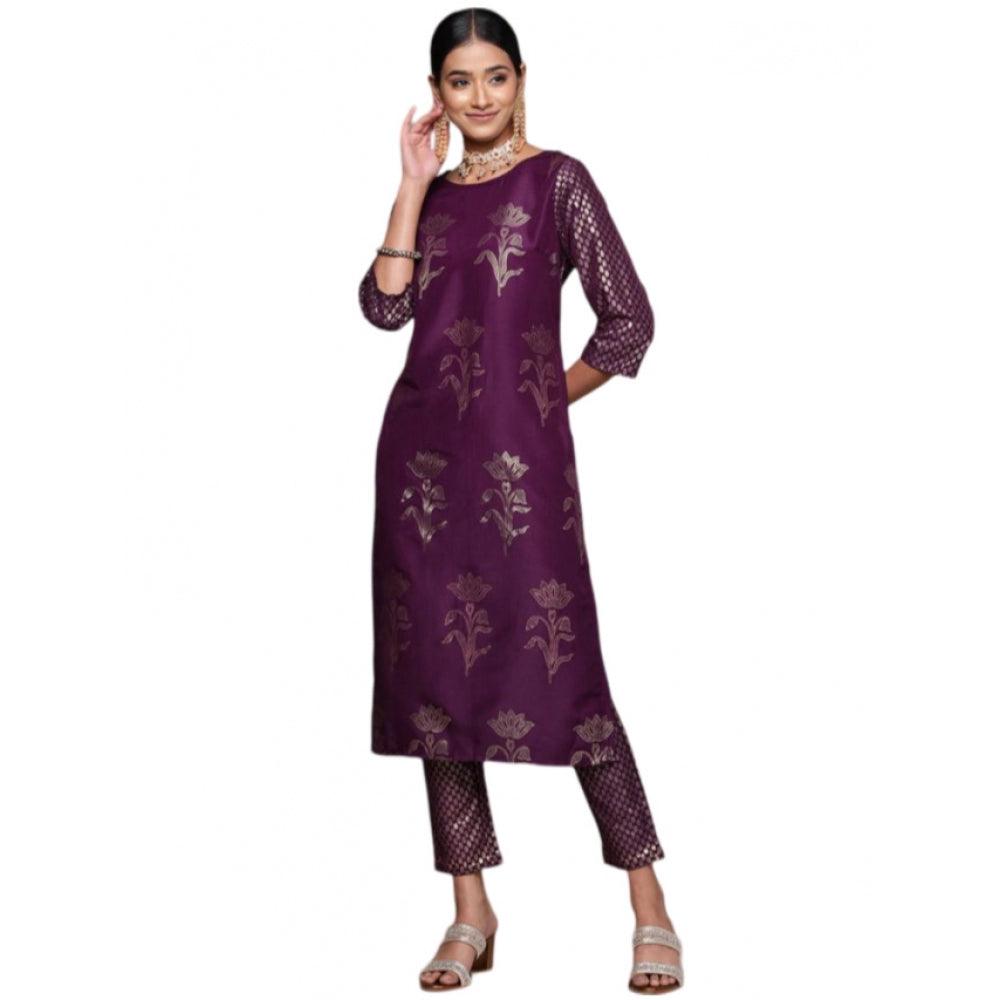 Amfyn Women's Casual 3-4Th Sleeve Floral Printed Chinon Kurti and Pant Set (Purple)