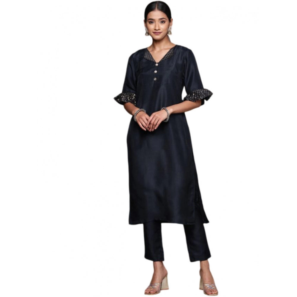 Amfyn Women's Casual Half Sleeve Solid Chinon Kurti and Pant Set (Navy Blue)