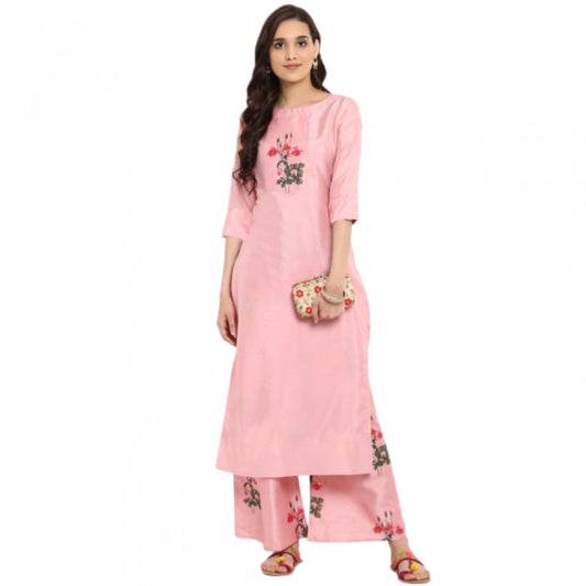 Amfyn Women's Casual 3-4Th Sleeve Floral Printed Poly Silk Kurti and Palazzo Set (Pink)