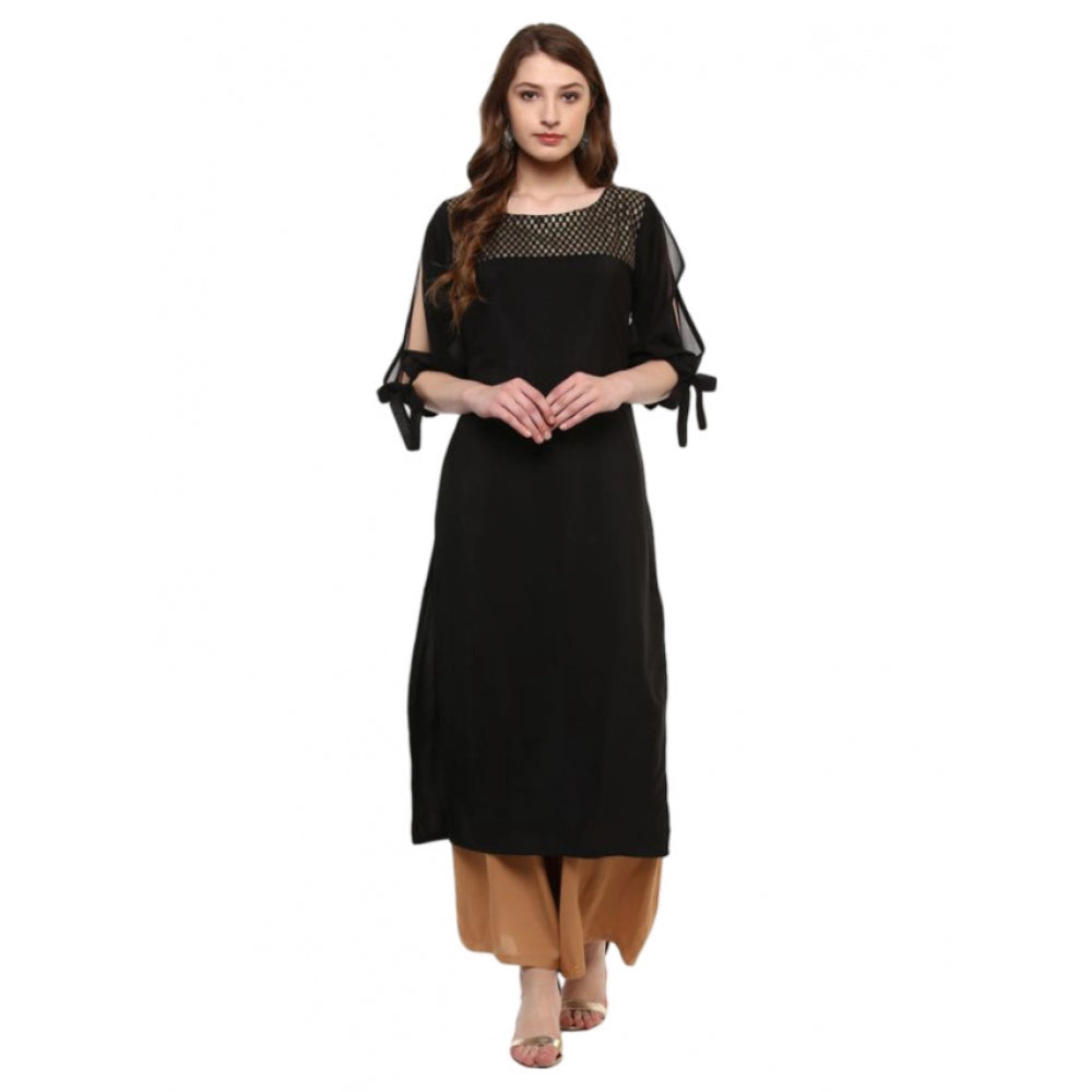 Amfyn Women's Casual 3-4Th Sleeve Solid Crepe Kurti (Black)