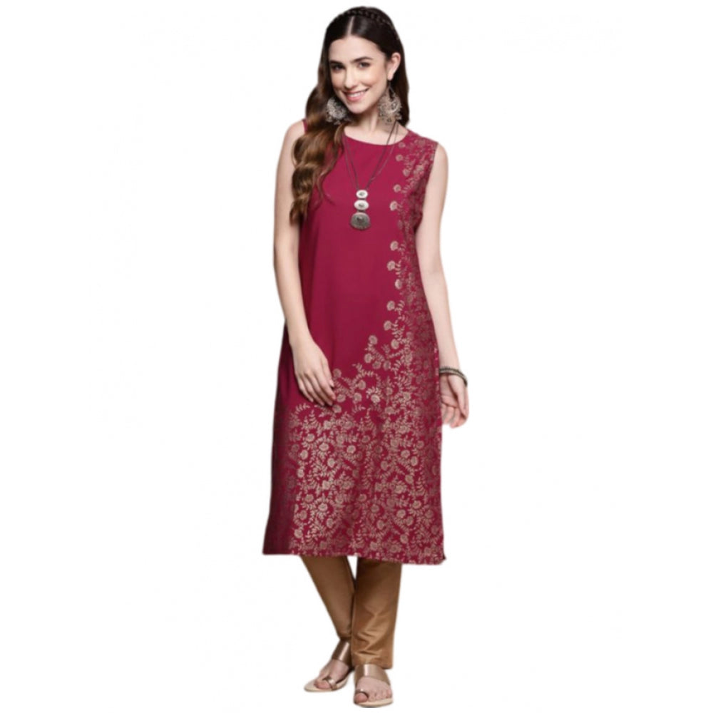 Amfyn Women's Casual Sleeveless Floral Printed Crepe Kurti (Pink)