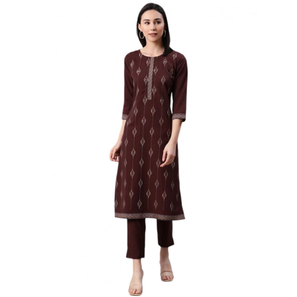 Amfyn Women's Casual 3-4Th Sleeve Ethnic Motifs Rayon Kurti And Pant Set (Brown)