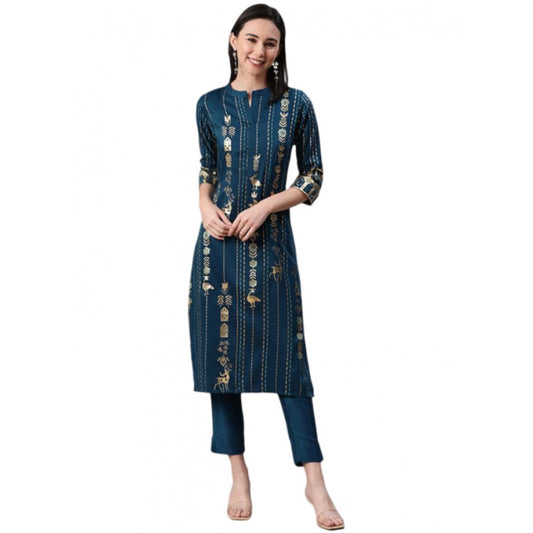 Amfyn Women's Casual 3-4Th Sleeve Floral Printed Rayon Kurti And Pant Set (Teal)