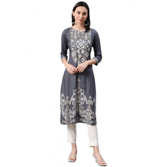 Amfyn Women's Casual 3-4Th Sleeve Floral Printed Rayon Kurti And Pant Set (Grey)