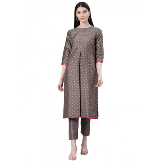 Amfyn Women's Casual 3-4Th Sleeve Ethnic Motifs Poly Silk Kurti And Pant Set (Grey)