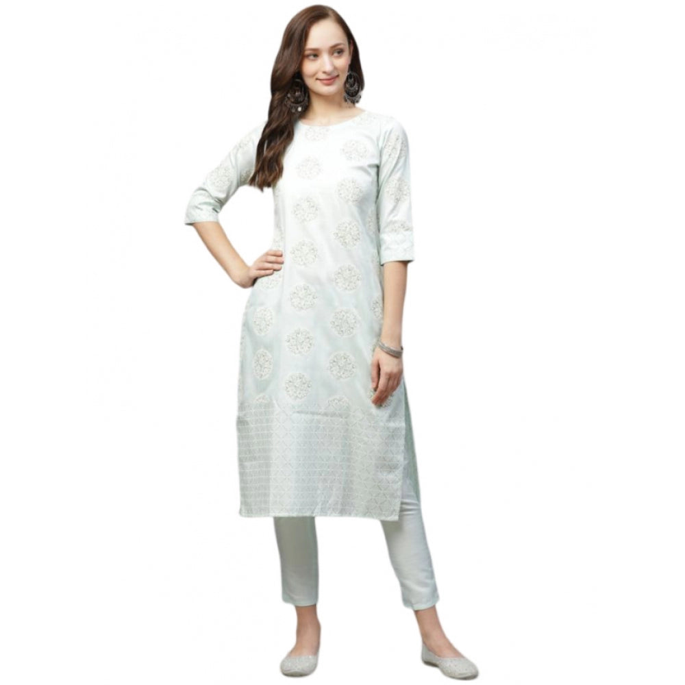 Amfyn Women's Casual 3-4Th Sleeve Floral Printed Poly Silk Kurti and Pant Set (Green)