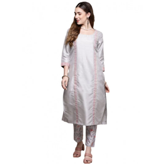 Amfyn Women's Casual 3-4Th Sleeve Geometric Poly Silk Kurti and Pant Set (Light Grey)