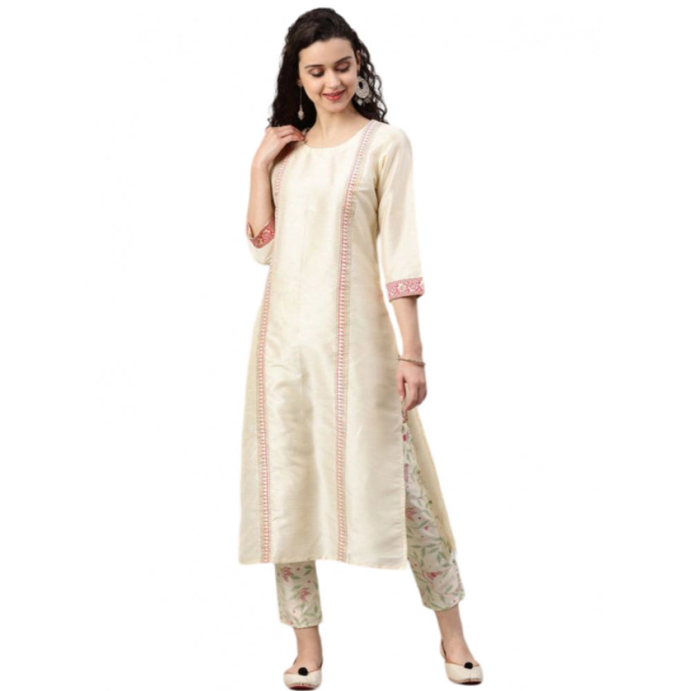 Amfyn Women's Casual 3-4Th Sleeve Geometric Poly Silk Kurti and Pant Set (Cream)