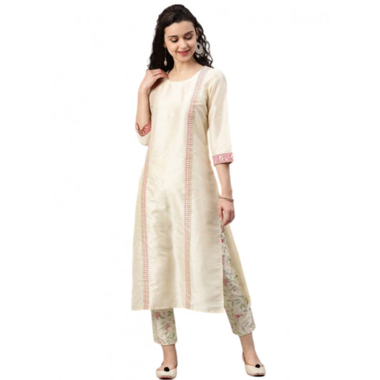 Amfyn Women's Casual 3-4Th Sleeve Geometric Poly Silk Kurti and Pant Set (Cream)