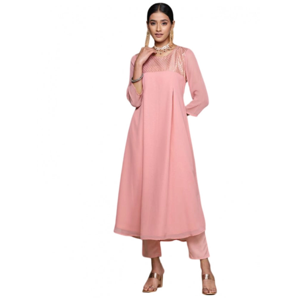 Amfyn Women's Casual 3-4Th Sleeve Geometric Georgette &amp; Crepe Kurti and Pant Set (Pink)