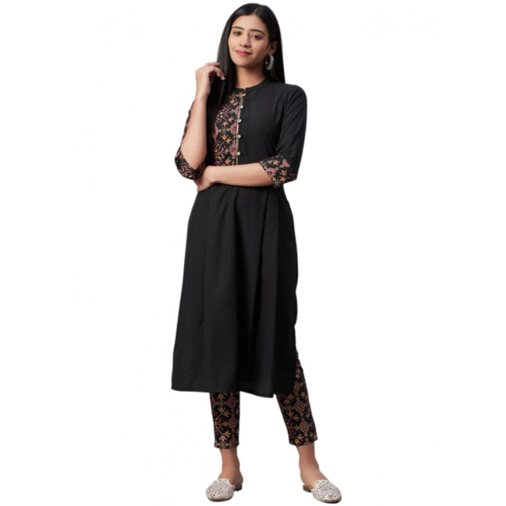 Amfyn Women's Casual 3-4Th Sleeve Geometric Crepe Kurti And Pant Set (Black)