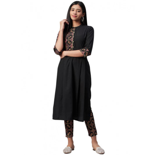 Amfyn Women's Casual 3-4Th Sleeve Geometric Crepe Kurti And Pant Set (Black)