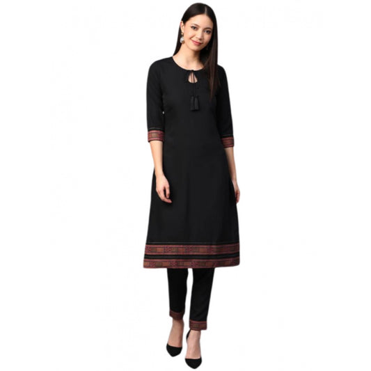 Amfyn Women's Casual 3-4Th Sleeve Solid Crepe Kurti and Pant Set (Black)