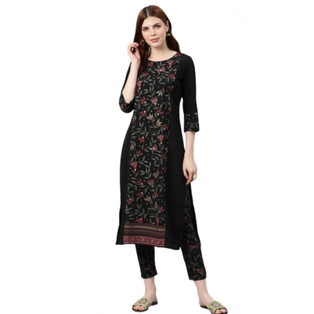Amfyn Women's Casual 3-4Th Sleeve Floral Printed Crepe Kurti and Pant Set (Black)
