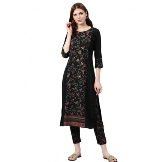 Amfyn Women's Casual 3-4Th Sleeve Floral Printed Crepe Kurti and Pant Set (Black)