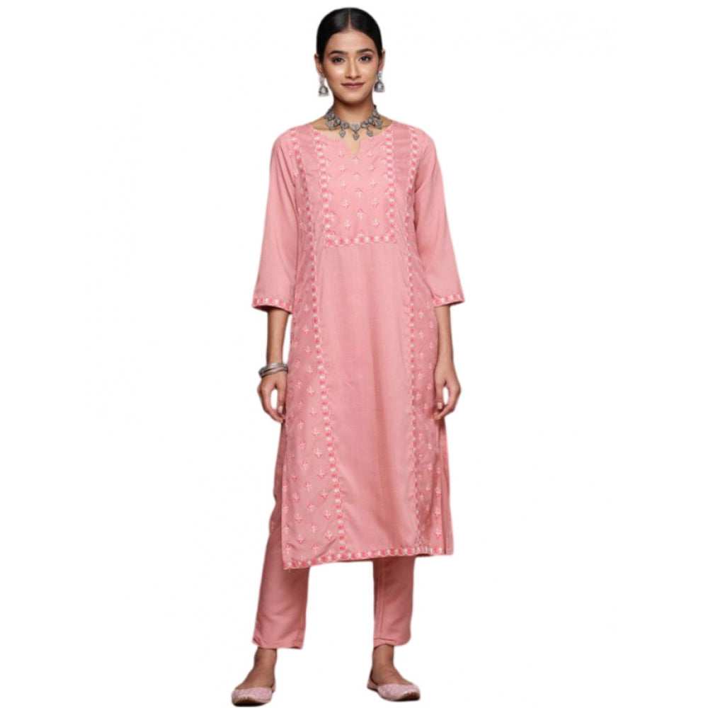 Amfyn Women's Casual 3-4Th Sleeve Floral Printed Chinon Kurti and Pant Set (Peach)
