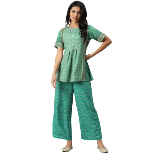 Amfyn Women's Casual Half Sleeve Geometric Rayon Kurti And Palazzo Set (Green)