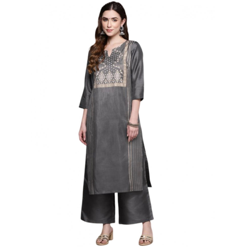 Amfyn Women's Casual 3-4Th Sleeve Ethnic Motifs Poly Silk Kurti And Palazzo Set (Dark Grey)
