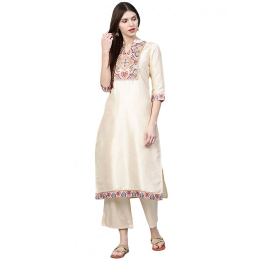 Amfyn Women's Casual 3-4Th Sleeve Ethnic Motifs Poly Silk Kurti and Palazzo Set (Cream)