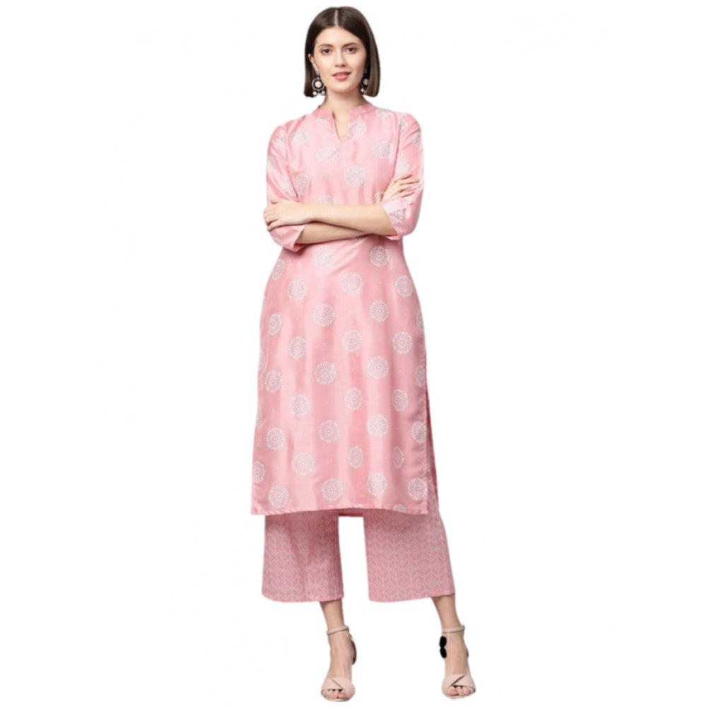 Amfyn Women's Casual 3-4Th Sleeve Floral Printed Poly Silk Kurti And Palazzo Set (Pink)
