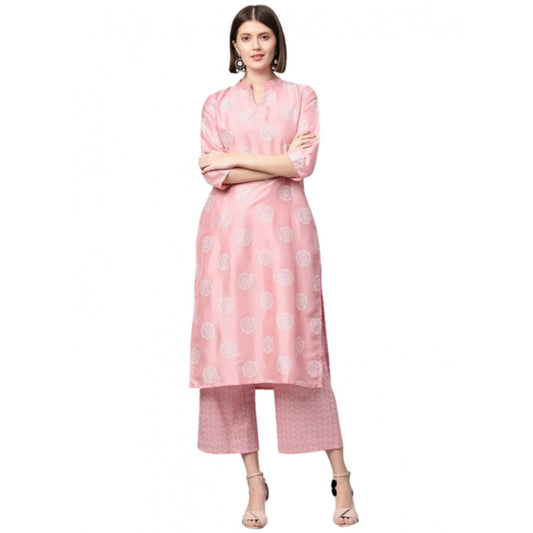 Amfyn Women's Casual 3-4Th Sleeve Floral Printed Poly Silk Kurti And Palazzo Set (Pink)